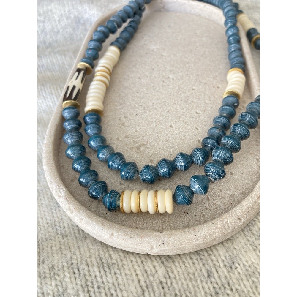 Boho Teal Blue Double Strand Beaded Necklace Cream Gold Tone Tribal Paper Bead